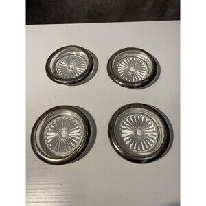 Set of 4 Vintage Silver Rim Glass Coasters Starburst Pattern MCM Italy